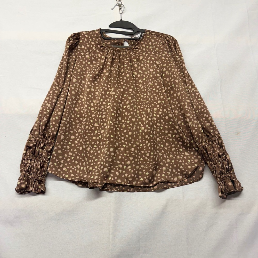 THML Brown Heart Print Long Sleeve Blouse Smocked Cuff Top XS THS0988-PK